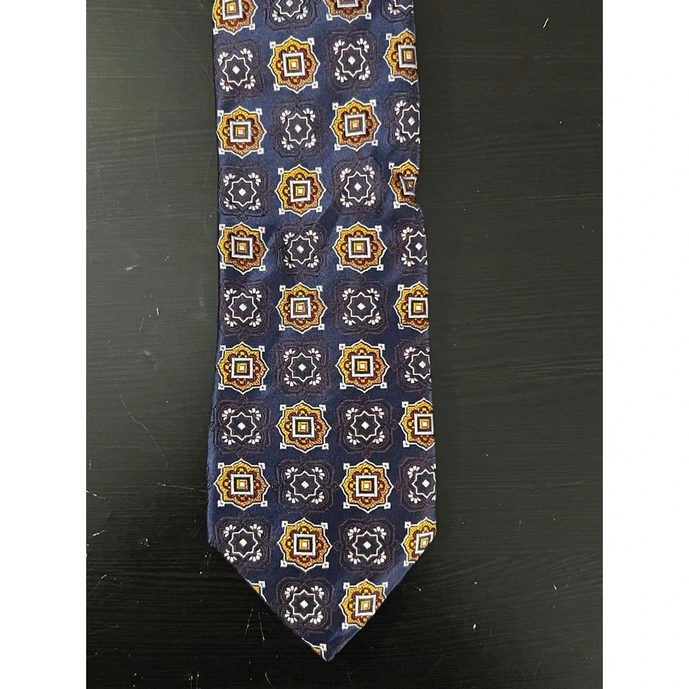Canali Mens Navy Blue Gold‎ Silk Geometric Medallion Necktie Made in Italy